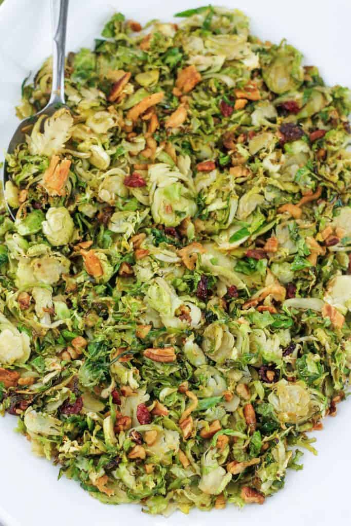 Roasted brussels sprouts on serving platter.