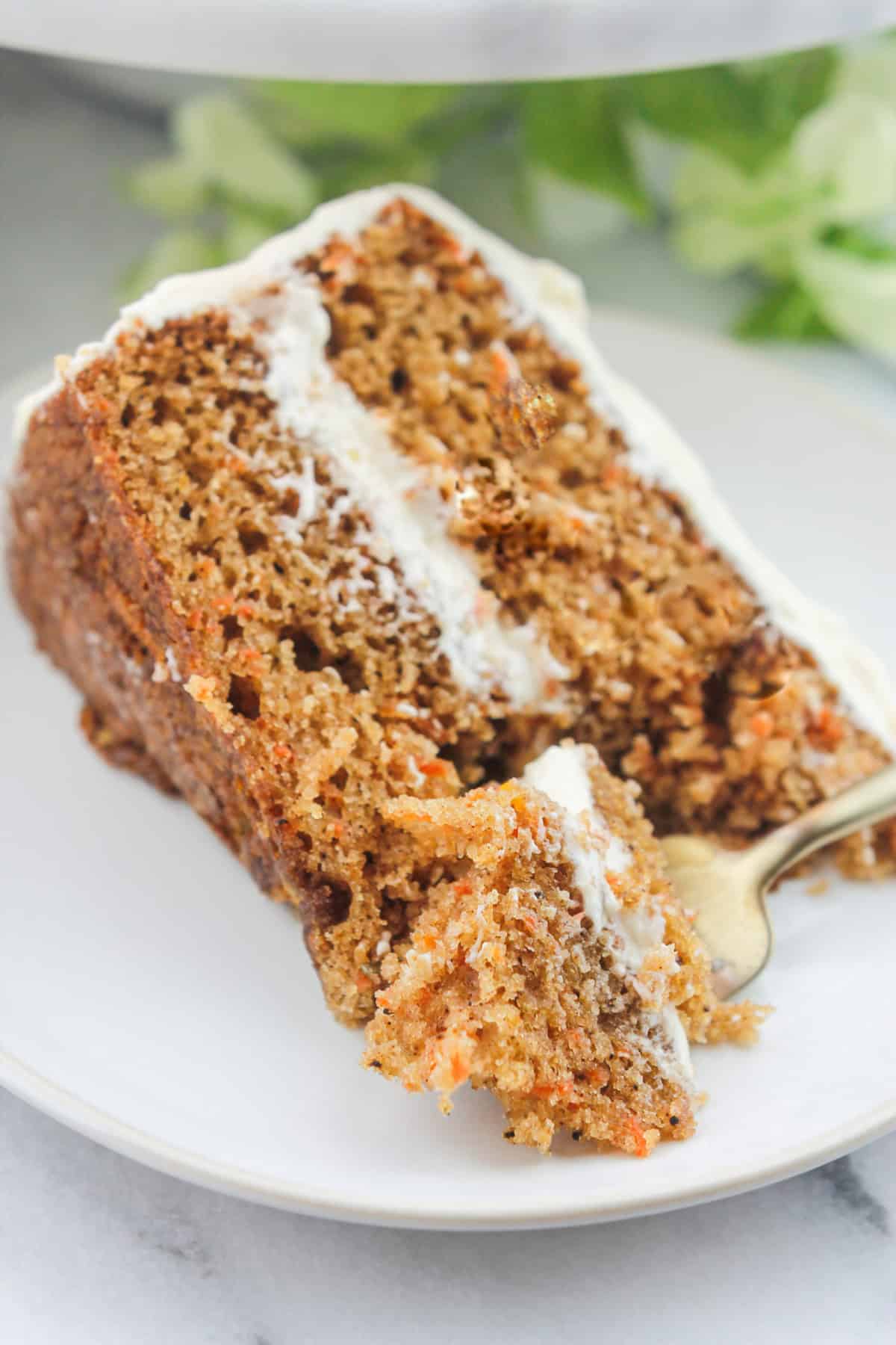 Super moist sliced two layer carrot cake on a plate.