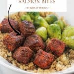 Spicy Air fryer salmon bites and brussel sprouts in a bowl with brown and wild rice.