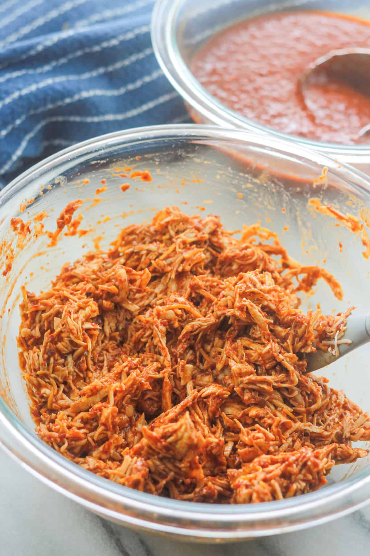 Bowl of chipotle chicken filling.
