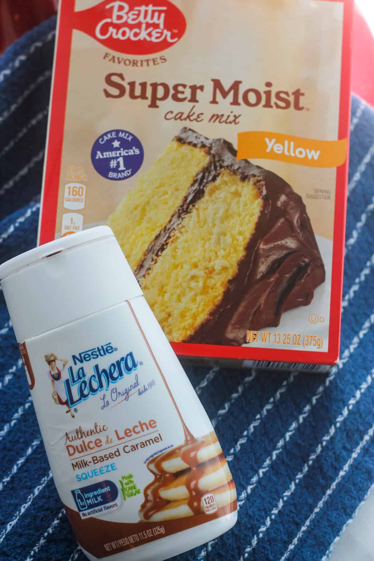 Boxed cake mix and Nestle caramel sauce.