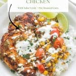 Cilantro Lime Chicken with Rice plated and garnished with sour cream, queso fresco, and cilantro.