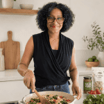 Celeste preparing a meal at stovetop.