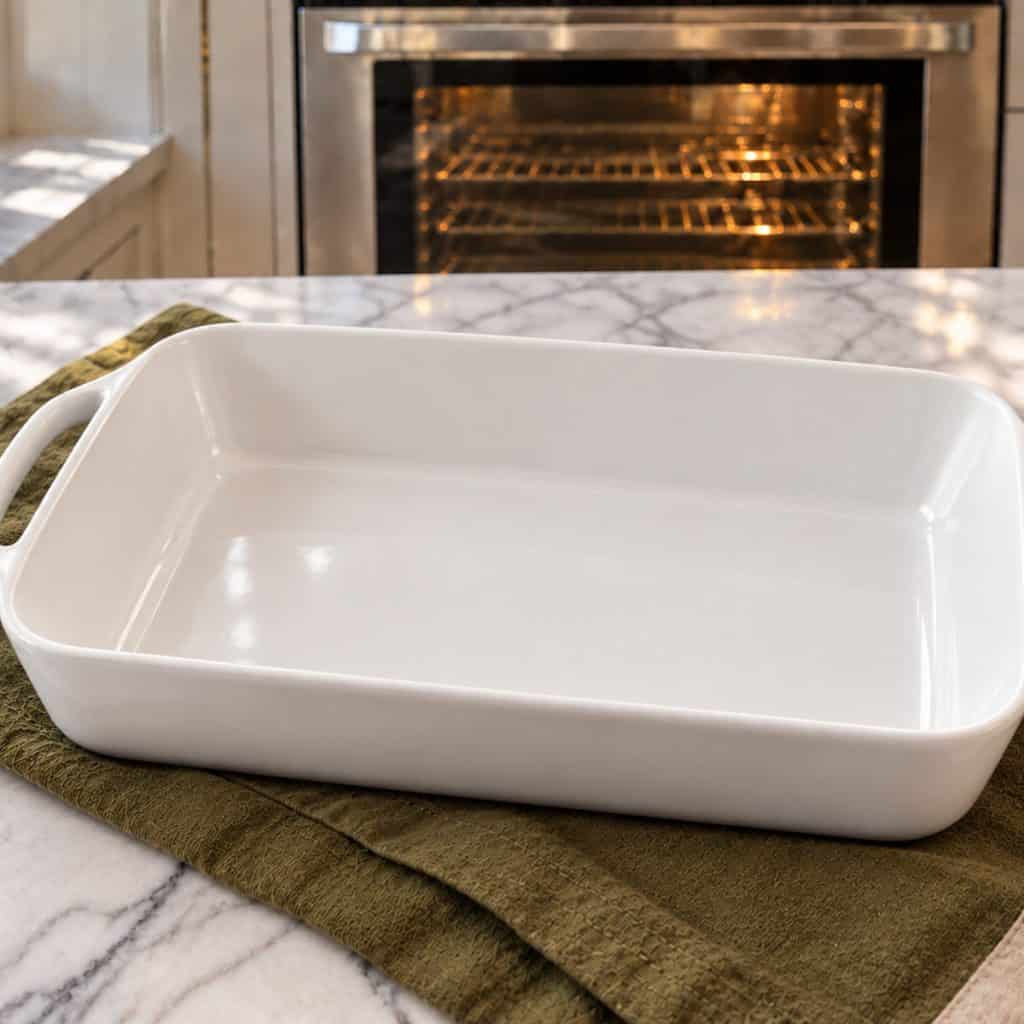 A white 9x13 baking dish on the kitchen counter.