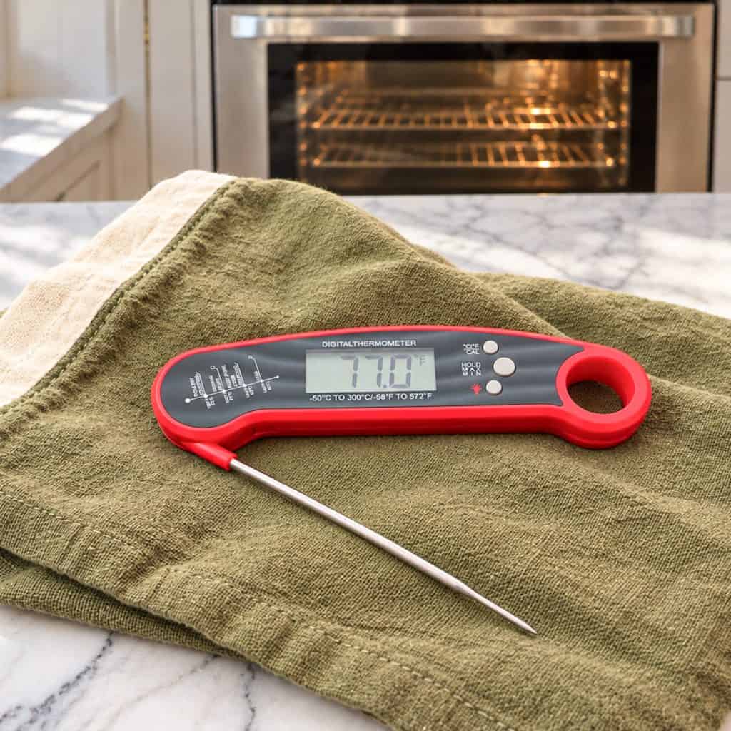 Instant read thermometer on a kitchen towel on the kitchen counter.