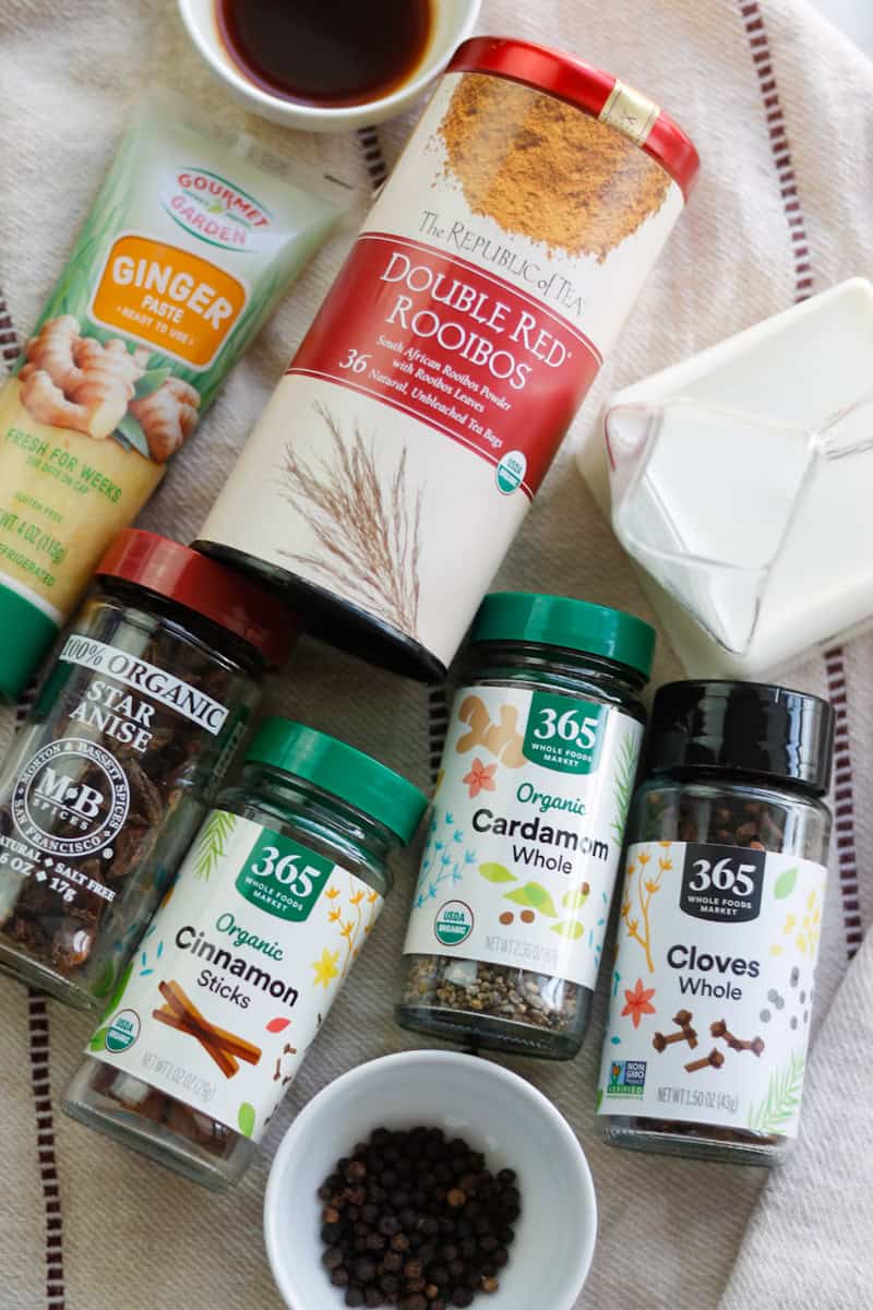Overhead shot of ingredients for making Rooibos Chai Latte.