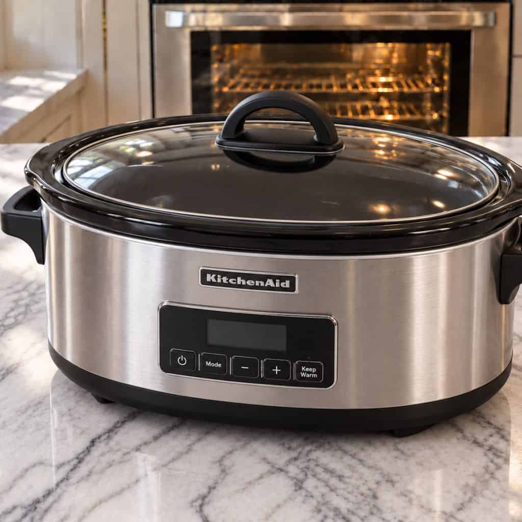 Slow cooker on kitchen counter.