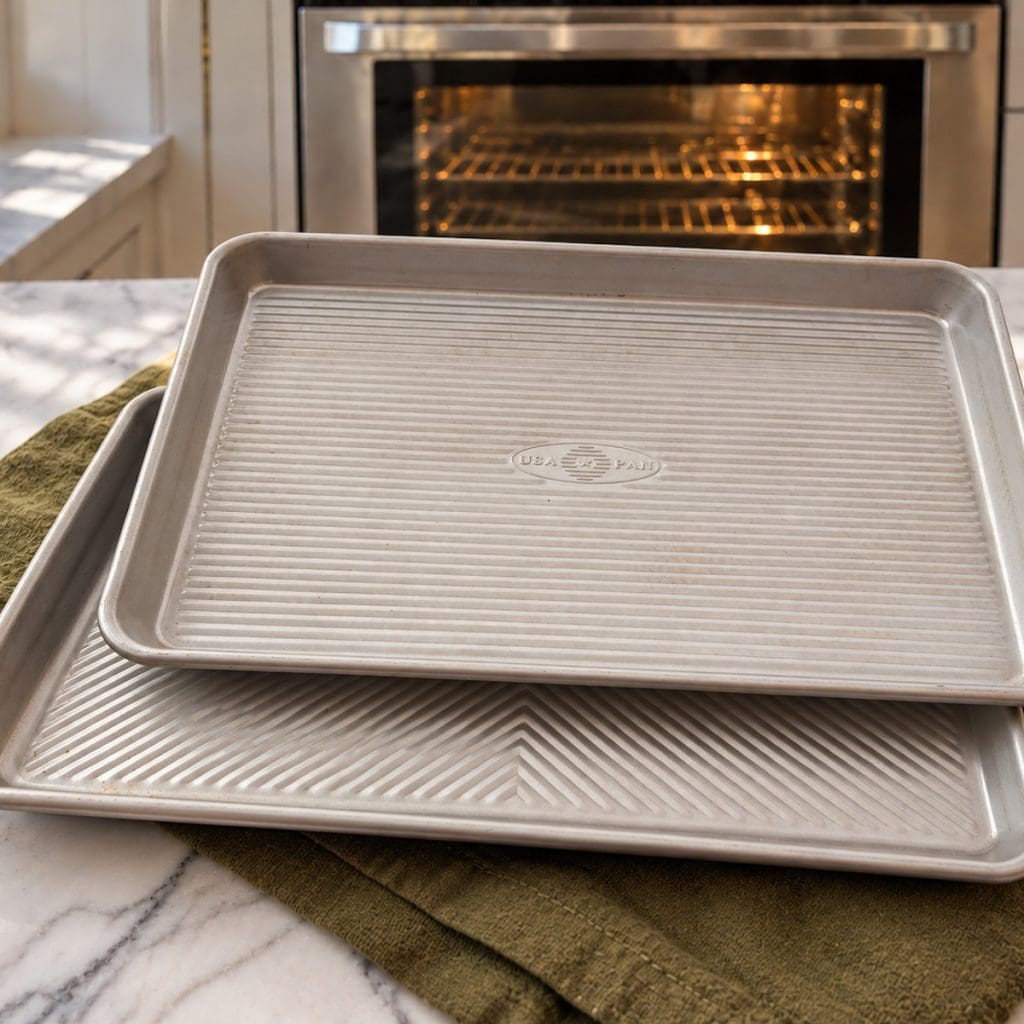 Two shallow baking pans on a kitchen towel on the kitchen counter.